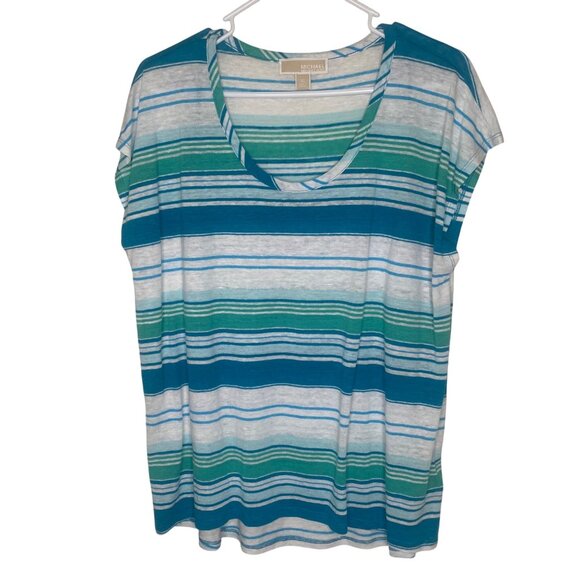 Michael Kors Linen Blend Top  Womens XL Blue & Green Striped Beach Coastal Resor - Picture 1 of 7
